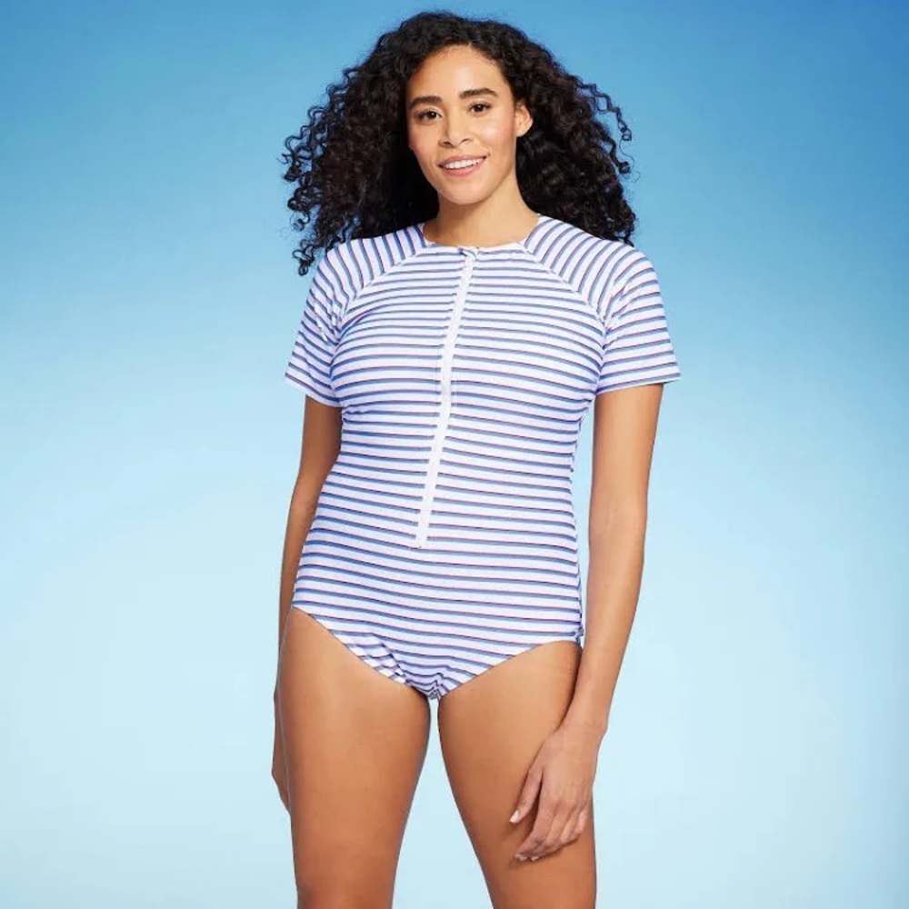 Women's Striped Short Sleeve Full Coverage Rash Guard One Piece Swimsuit XL
